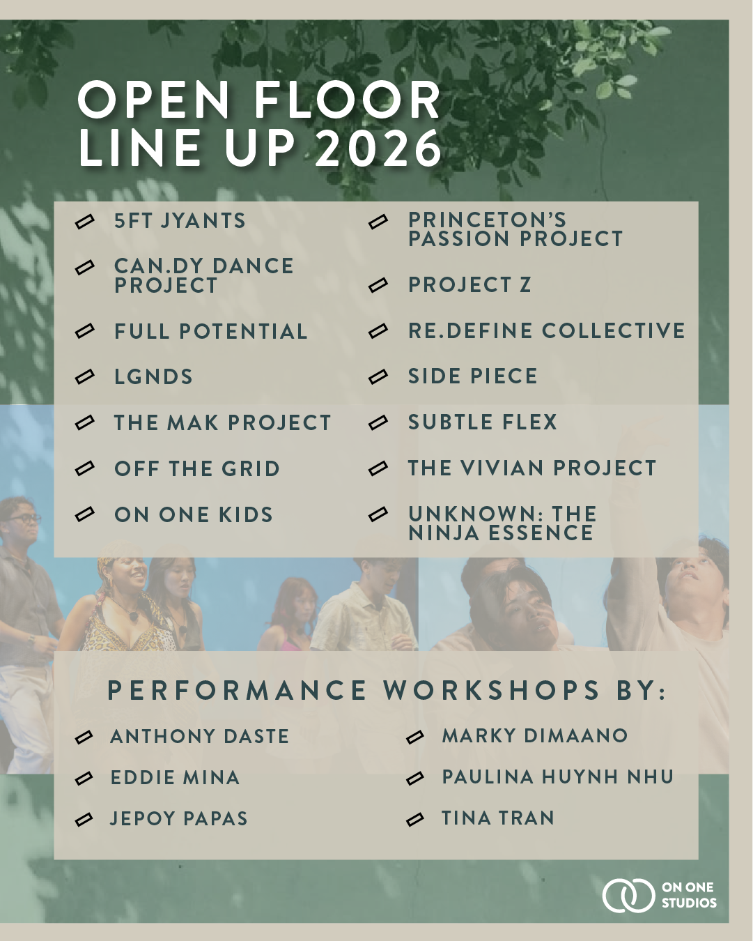 Open Floor Lineup 2026 graphic listing featured crews, projects, and Performance Workshop artists